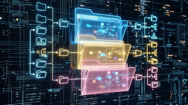 Digital file management interface featuring folder and directory icons, illustrating organized data storage, document archiving, cloud database systems, electronic filing, 4K video