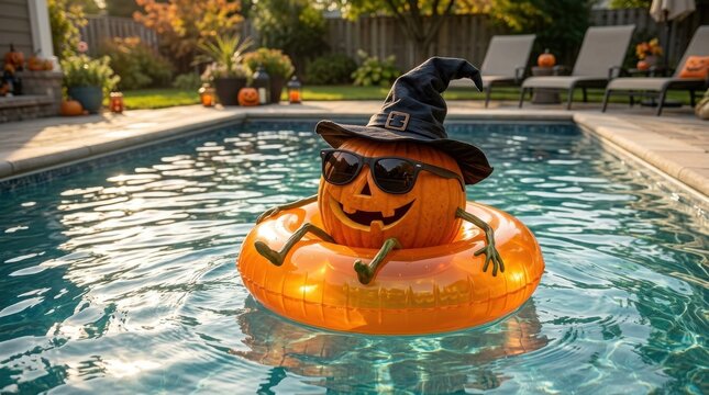 Jack o lantern with witch hat in water