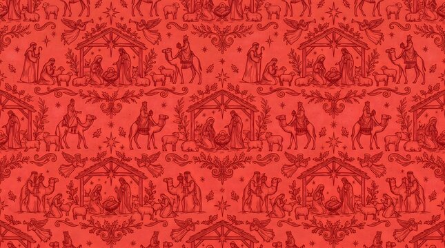 Seamless Christmas, Red Graphics, Seamless Christmas pattern background with red graphics from nativity scenes For festive Christmas publications