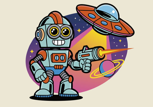 A cheerful robot with big eyes fires a ray gun at a flying saucer in a colorful outer space scene with stars and a ringed planet.