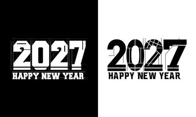 Happy New Year 2027 Logo Design. Modern technical blueprint grid 2027 number typography vector illustration on black and white background for holiday banner and calendar. © Munna
