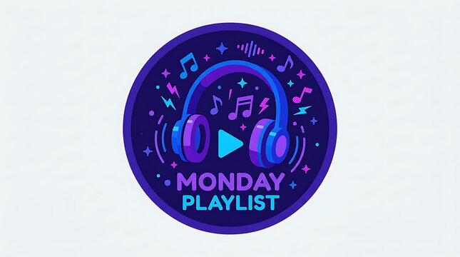 Circular logo graphic featuring headphones and musical elements with the text MONDAY PLAYLIST
