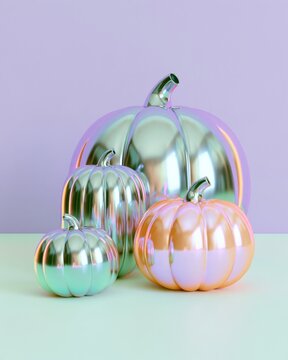 Four glossy chrome and iridescent pastel pumpkins of different sizes arranged together against a soft purple wall