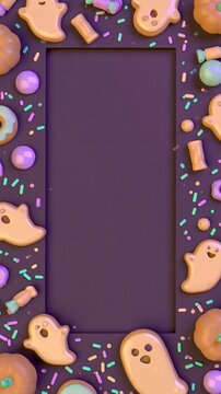 Top view flat lay frame of ghost cookies, candies, sprinkles and mini pumpkins on a purple background with central copy space