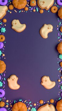 Halloween 3D render of ghost cookies, pumpkins, donuts and sprinkles framing a purple background with copy space