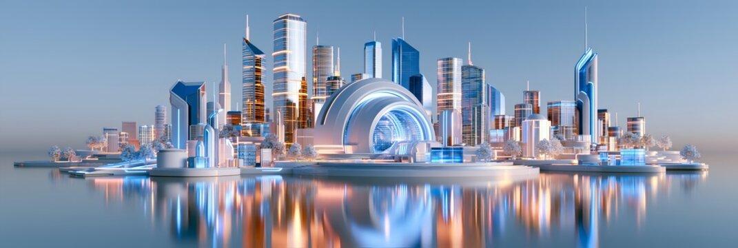 Futuristic metropolis at twilight, with mirrored water reflections