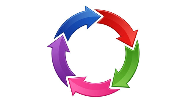 A PNG circle made from blue, red, green, pink, and purple arrows isolated on a white background
