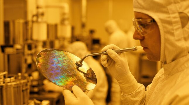 Cleanroom fabrication technician in white bunny suit using vacuum wand to inspect patterned 300mm silicon wafer in semiconductor foundry.