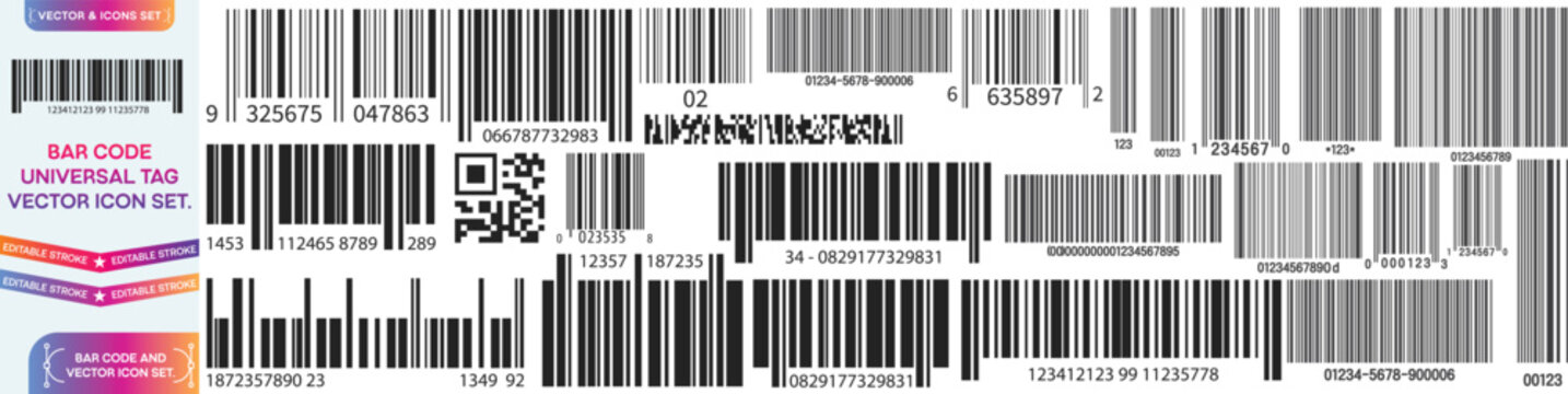 Barcode and QR code labels for scanning, retail store product ID labeling stickers. Pricing tags, serial number badges, inventory barcodes, package tracking codes vector set.
