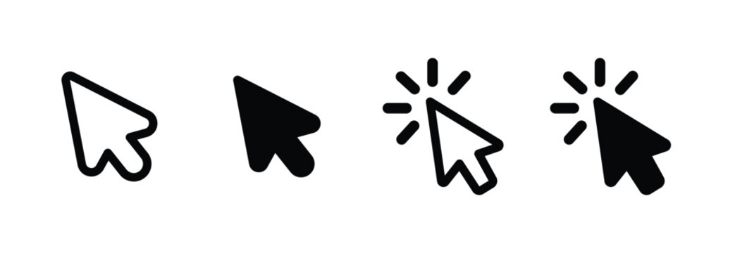 Mouse cursor click arrow icon set, featuring linear outline and filled black pointer symbols with click action lines, vector illustration