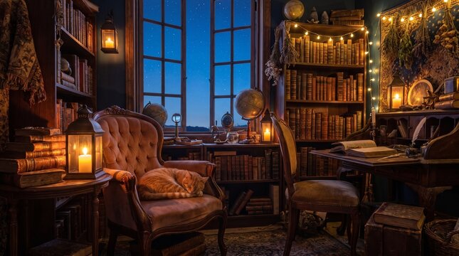Orange tabby cat sleeping on velvet armchair in cozy night study with lanterns, globes and bookshelves