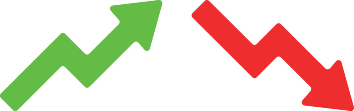 Green ascending zigzag arrow and red descending arrow representing financial market stock chart volatility trends