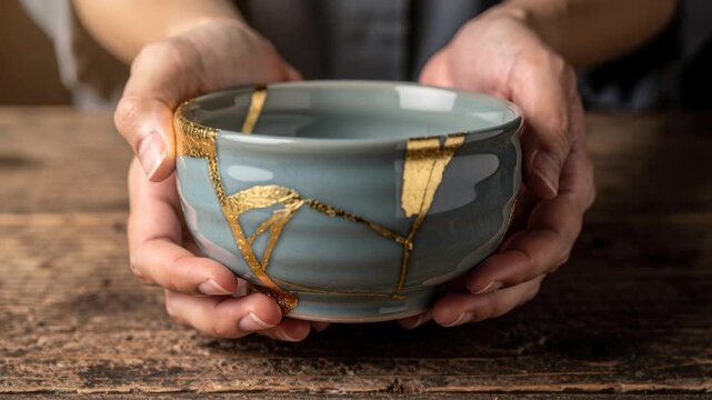 Hands holding a repaired ceramic bowl with gold kintsugi art on a wooden table close up