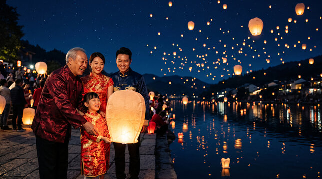 Asian family releases sky lanterns into the night sky during a festival celebration by the water