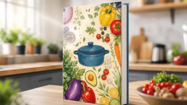 Colorful cookbook with fresh vegetables and herbs in modern kitchen setting for healthy cooking ideas