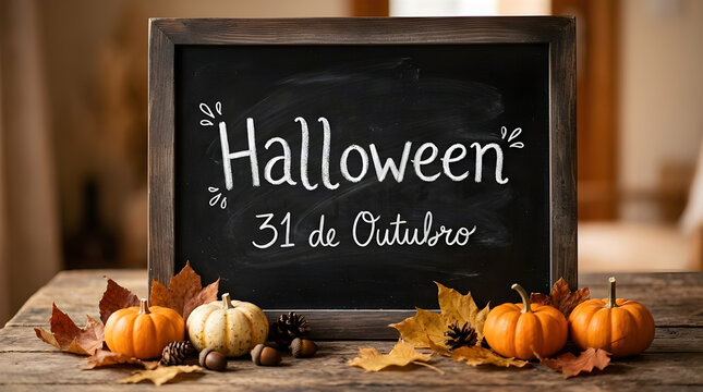 Halloween 31 de Outubro chalkboard sign with pumpkins and autumn