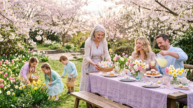 Joyful family Easter celebration in a blooming garden with egg hunt and outdoor dining amidst cherry blossoms