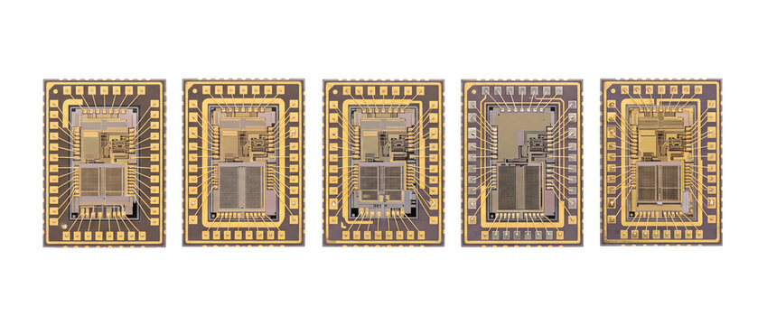 Semiconductor microchip integrated circuit microprocessor lined up in a row on black background for advanced hardware computing, microelectronics engineering, AI processor technology, and silicon rese