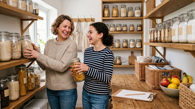 Mother and daughter happily organizing pantry shelves filled with glass jars of dry goods and food staples