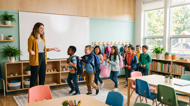 Teacher welcomes diverse group of smiling elementary school children with backpacks into a bright classroom