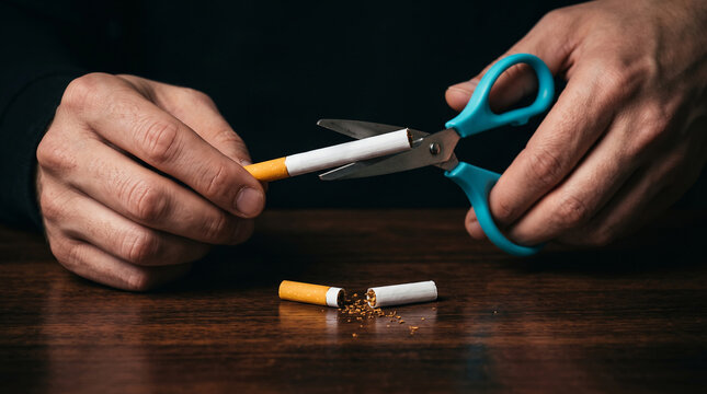 Hands cutting a cigarette with scissors, symbolizing breaking free from addiction and choosing a healthier lifestyle, representing change and self-control