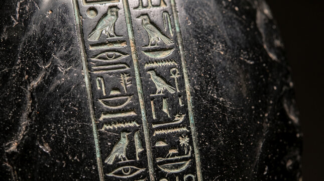 Close-up of ancient Egyptian hieroglyphs carved into a dark, textured surface, representing history, mystery, and archeology