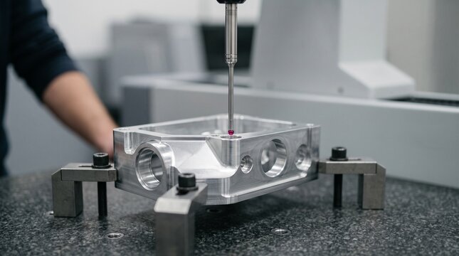CMM probe checks bore on precision metal housing