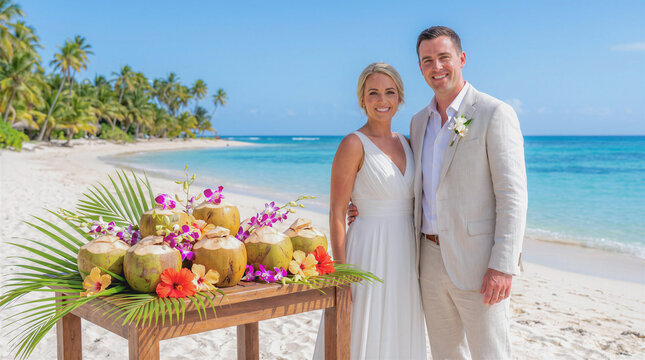 Bride and groom stand near tropical beach table during destination beach wedding. Smiling newlyweds enjoy tropical beach wedding celebration on white sand near ocean palm trees and coconut drinks.