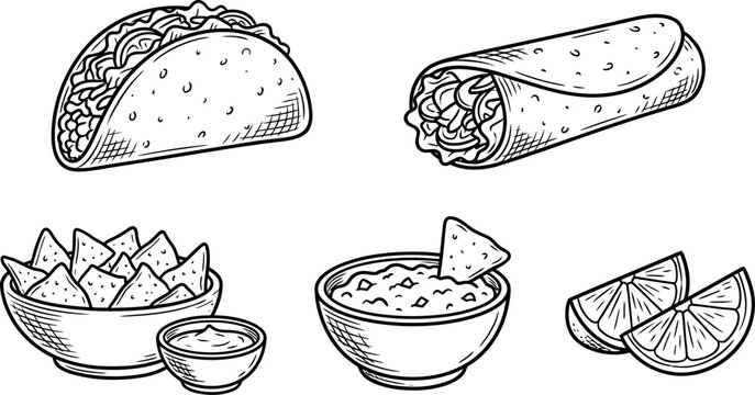 Mexican food set vector illustration with taco burrito nachos guacamole dip salsa sauce and lime slices line art graphic