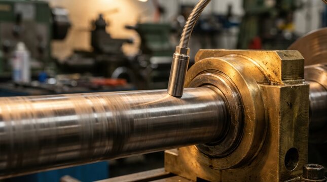 Predictive maintenance vibration sensor probe inspecting rotating steel driveshaft beside brass bearing housing in an industrial machine monitoring setup.