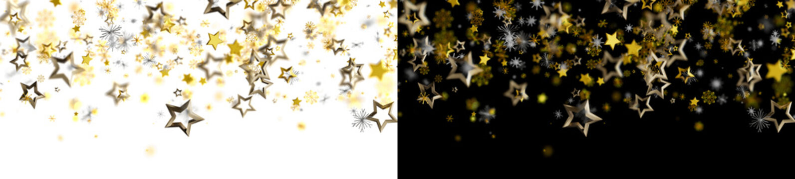 Golden Stars and Snowflakes Falling on Black Background