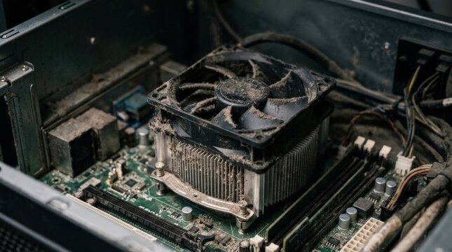 A close up look at a dusty server cooling fan inside a computer chassis, showing neglect and poor maintenance with accumulated debris on motherboard components and heatsink fins