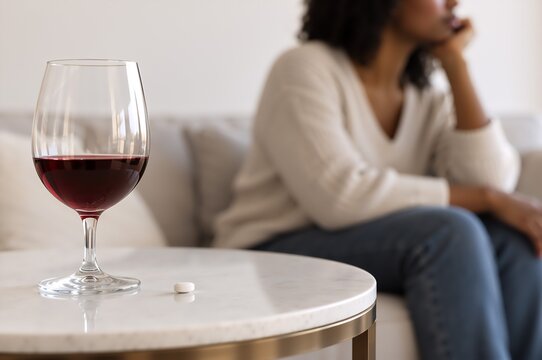 Glass of red wine and tablet beside a seated person. Alcohol dependence and antidepressant treatment concept. Mental health, substance use and recovery awareness. Medication safety.