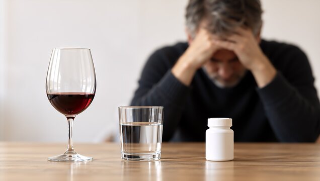 Distressed man behind wine glass, water and medicine bottle. Alcoholism and antidepressant treatment concept. Depression, substance dependence and mental health care. Medication and recovery