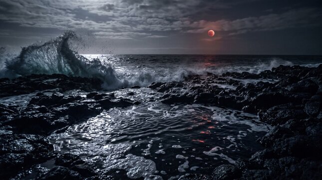 Dramatic Lunar Eclipse Over a Crashing Rocky Seashore at Night Under a Glowing Moonlit Sky