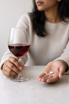 Woman holding a glass of red wine beside a pill in her hand. Alcoholism and antidepressant use concept. Medication interaction and substance dependence. Mental health treatment and recovery