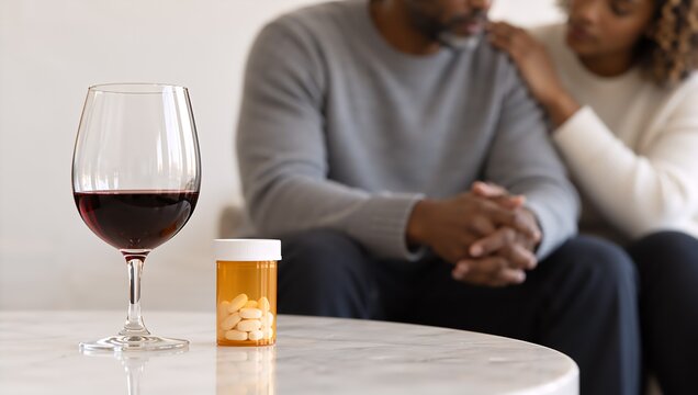 Prescription pills and red wine beside seated person in counseling scene. Antidepressants and alcohol use disorder treatment. Addiction recovery and mental health care. Medication safety