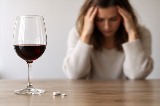 Red wine glass and tablets beside a distressed woman holding her head. Alcoholism and antidepressant use concept. Mental health, substance dependence and medication safety.