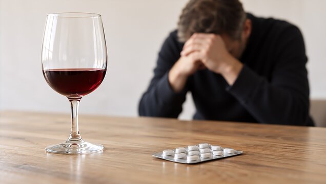 Wine glass, tablets and distressed person at table, depicting antidepressants and alcoholism. Mental health treatment and substance dependence. Depression, addiction recovery and medication