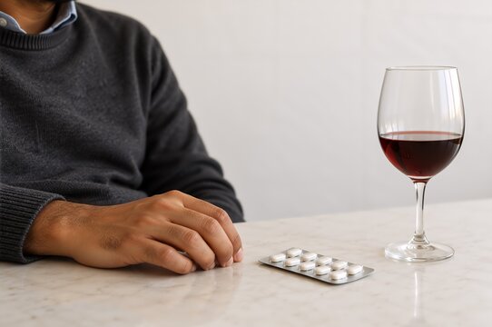 Person beside wine glass and blister pack of pills on a table. Antidepressant use and alcohol dependence. Medication safety and substance interaction. Addiction treatment and mental health