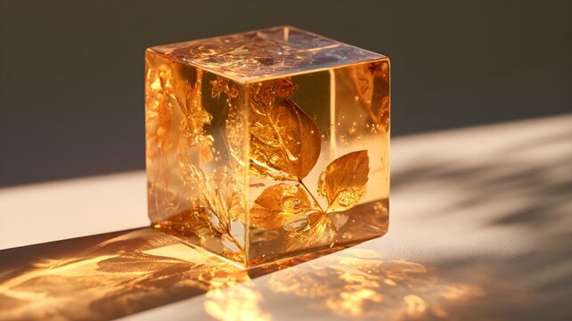 Translucent amber resin cube with suspended leaves on surface
