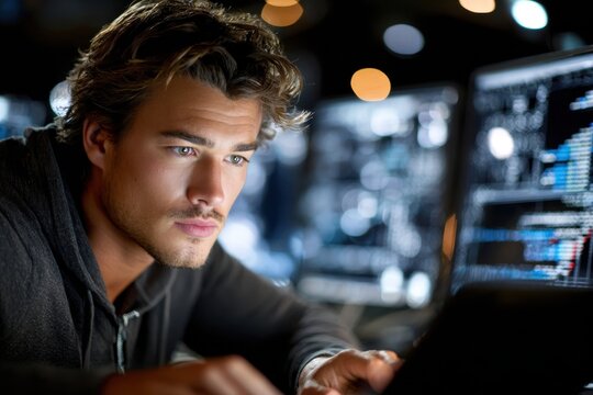 Focused programmer working late on code at night