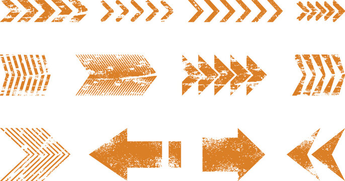 Distressed orange arrow design collection with grunge texture, directional symbols, forward and backward pointers, and rough brush effects isolated on black background for graphic design.