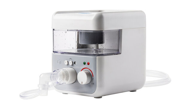 Closeup of a heated humidifier device designed for tracheostomy care showcasing its compact design on a clean white background.