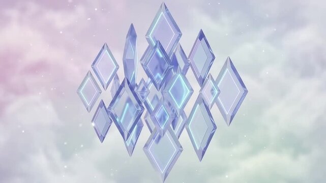 Abstract crystal diamonds floating in pastel sky, glowing glass geometry motion background, futuristic light reflection render