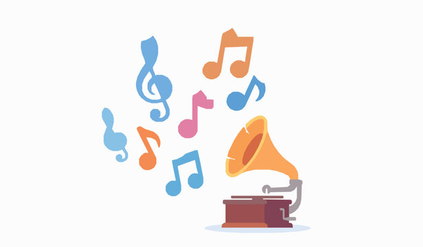 Vintage gramophone playing music with colorful floating musical notes in a flat vector illustration style