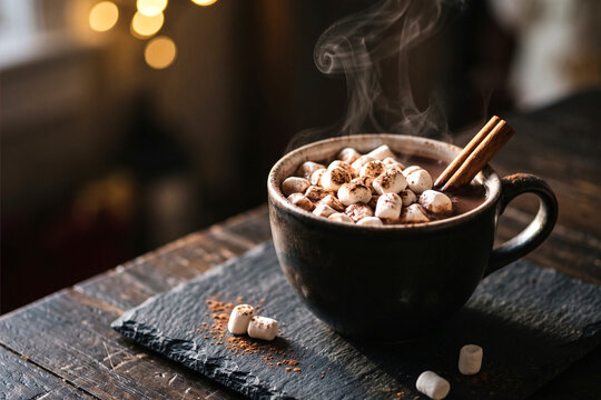 Steaming mug of hot chocolate topped with mini marshmallows and cinnamon sticks on dark slate coaster