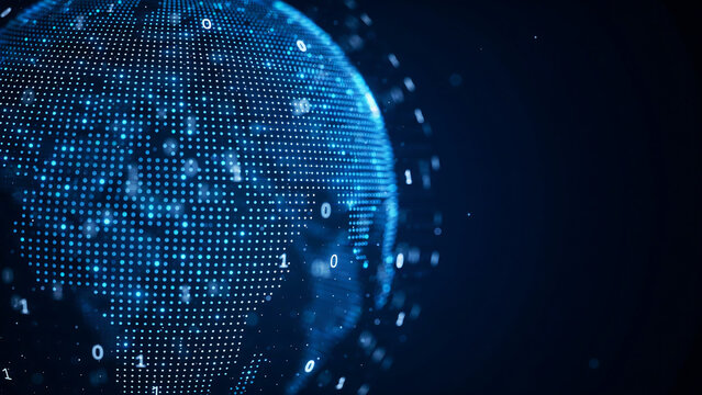 Digital globe model composed of glowing binary code particles with world network