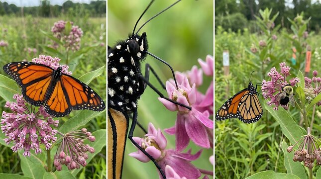 Macro nature photography sequencevibrant orange monarch butterfly feeding on wild blooming nectar milkweed flowers during pollinator migration and ecological biodiversity conservation project