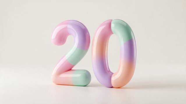 Glossy pastel balloon numerals form the number 20 against a clean light background, creating a playful design for milestone birthdays, anniversaries, and special celebrations.